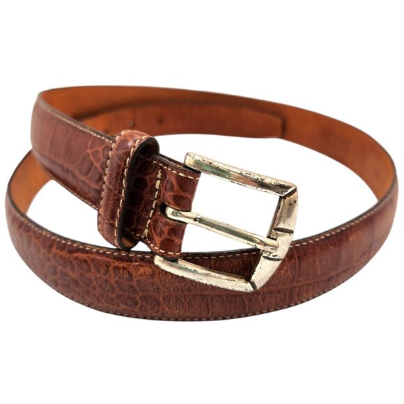 Men's Brown Italian Leather Belt Crocodile-Embossed With Silver Buckle 42" x 1" - Picture 1 of 8